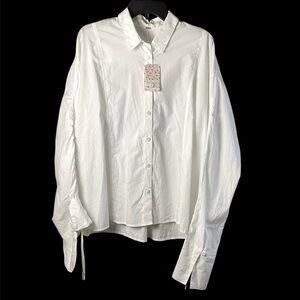 Crisp White Button-Down Shirt white Blouse  cinched sleeves